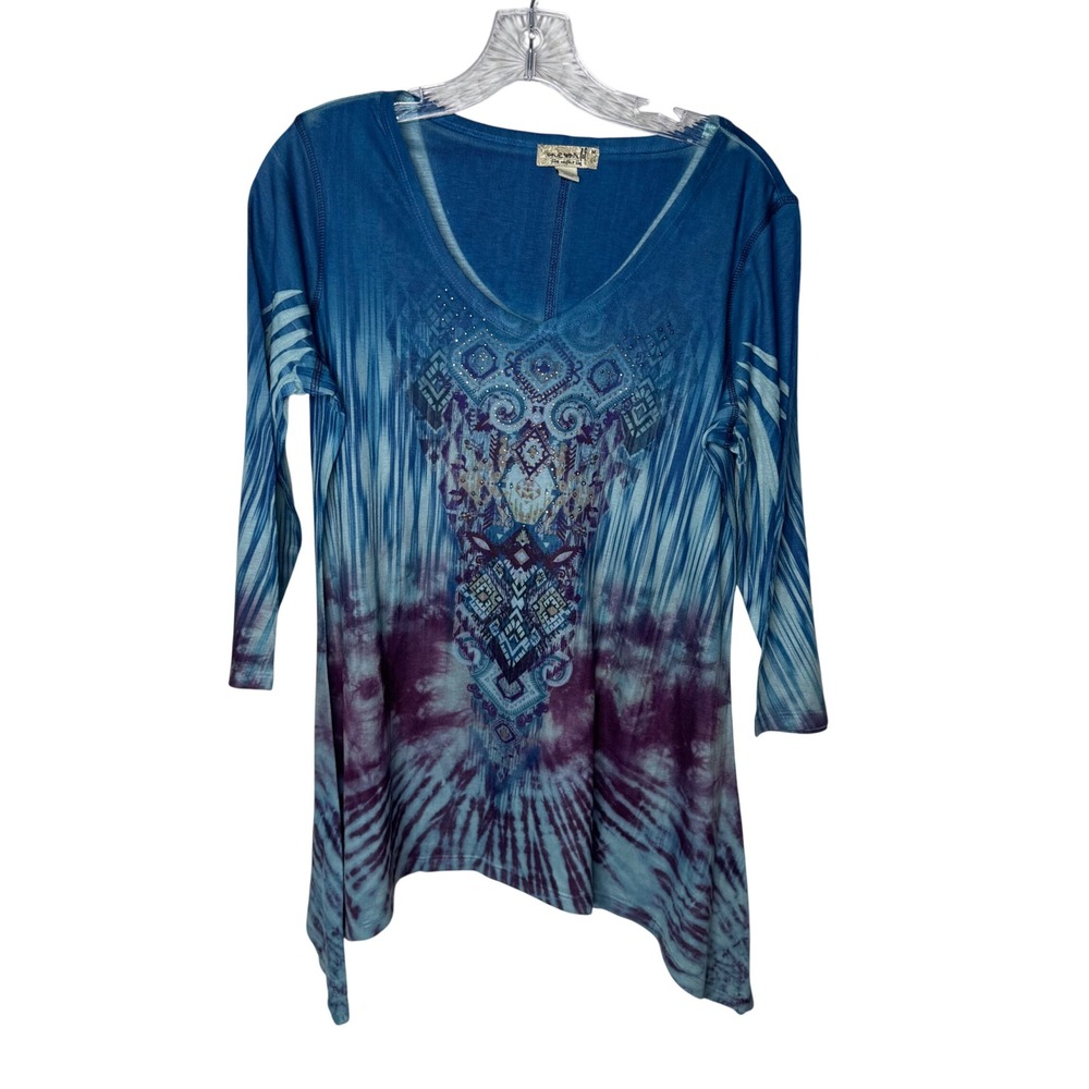 One World Women Blue Purple Tie Dye Rhinestone Top Medium Boho Hippie